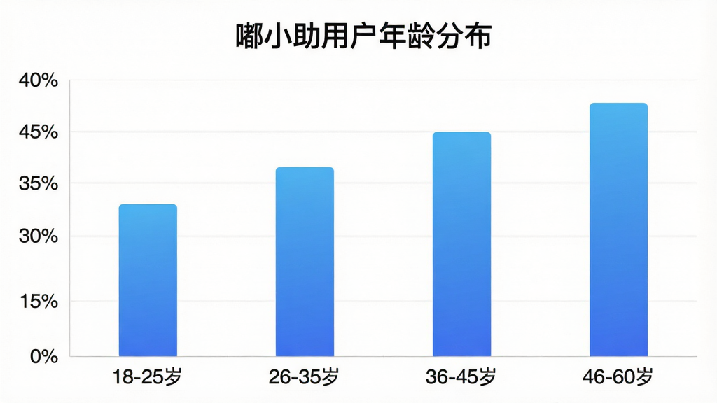 一张展示“嘟小助”用户年龄分布的柱状图,横轴是年龄段“18-25岁”“26-35岁”“36-45岁”“46-60岁”,纵轴是占比百分比,柱状图颜色为蓝色渐变,图表标题为“嘟小助用户年龄分布”,背景简洁白色,风格现代数据可视化,细节清晰,画质干净,无多余元素。