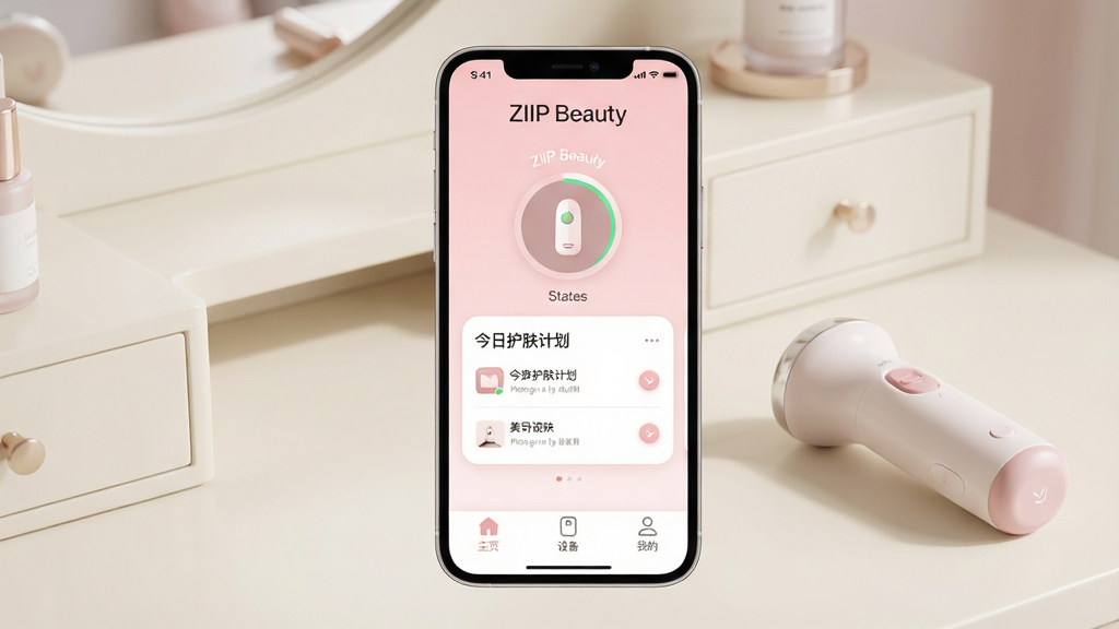ZIIP Beauty Ӧ��������ȫòչʾ���ֻ���Ļ������ʾ����͵ķ۰�ɫ�����棬�����С�ZIIP Beauty��Ʒ�Ʊ�ʶ���м�������������״̬Բ��ͼ��ͽ��ջ����ƻ���Ƭ���ײ������š���ҳ�����豸�����ҵġ�����������ǩ�������Ǹɾ���ǳɫ��ױ̨���Ա߷���һ֧�����ǣ��������ִ���Լ��ϸ��Բ�󣬻��ʸɾ��޶���Ԫ�ء�