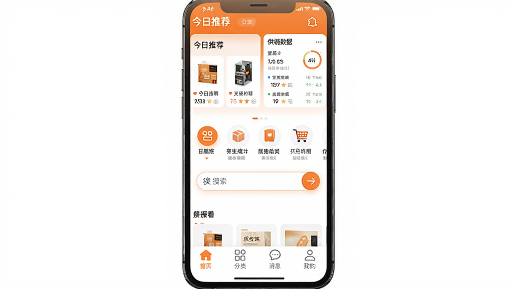 好多臻选供销平台主界面展示,手机屏幕居中,界面设计简洁以橙白为主色调,顶部显示今日推荐商品和供销数据看板,中间是商品分类导航和搜索栏,底部为首页、分类、消息、我的四个选项卡,风格现代扁平,图标圆润,画质干净清晰,无多余元素