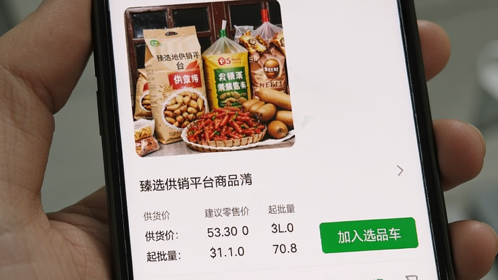 好多臻选供销平台商品详情页面,手机屏幕特写,画面显示一款地方特产商品的实拍图,下方清晰标注供货价、建议零售价和起批量信息,旁边有立即拿货和加入选品车按钮,界面排版整齐,文字清晰,风格简洁务实,画质干净无杂乱元素