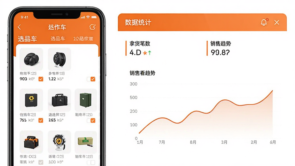 好多臻选供销平台选品车与数据看板组合展示,手机屏幕中左侧为选品车列表页面显示多款商品缩略图和勾选框,右侧为数据统计页面显示拿货笔数和销售趋势折线图,界面以橙色和白色为主,布局清晰对比分明,风格商务简约,画质干净无多余装饰