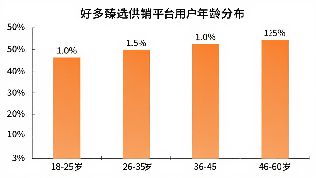 好多臻选供销平台用户年龄分布柱状图,图表以白色为背景,横轴标注18-25岁、26-35岁、36-45岁、46-60岁四个年龄段,纵轴显示用户占比百分比,柱状颜色为橙色渐变,柱子上方清晰标注具体百分比数值,风格简洁商务,画质干净清晰,无多余装饰元素