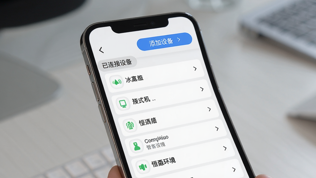 ���ɻ���App�豸����ҳ�棬�ֻ���Ļ��ʾ�������豸�б���ÿ���豸��״̬ͼ������ƣ�ҳ�涥���������豸��ť������Ϊǳ��ɫ����������񣬻��������ɾ�
