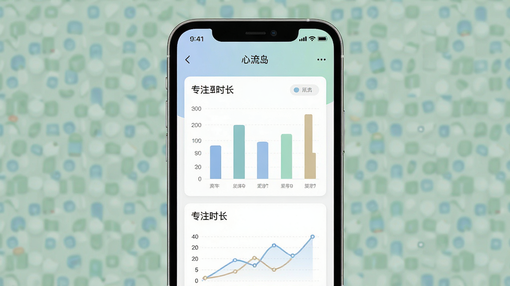 一张手机界面展示图,画面中显示“心流岛”App的数据统计页面,有柱状图和折线图展示专注时长,配色柔和,布局清晰,风格现代扁平,画质干净,无多余元素