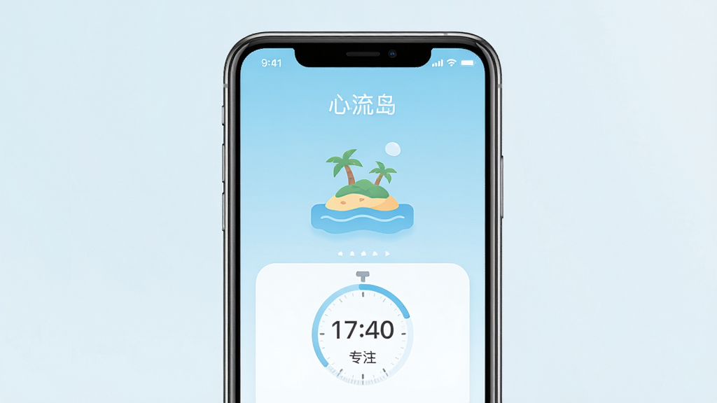 一张手机屏幕展示图,画面中央是“心流岛”App的主界面,背景是淡蓝色渐变,界面上有简约的岛屿图标和专注计时器,布局清晰,风格清新治愈,画质干净,无多余元素