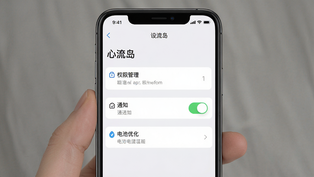 一张手机界面展示图,画面中显示“心流岛”App的设置页面,有权限管理、通知开关、电池优化等选项,布局清晰,风格简约,画质干净,无多余元素
