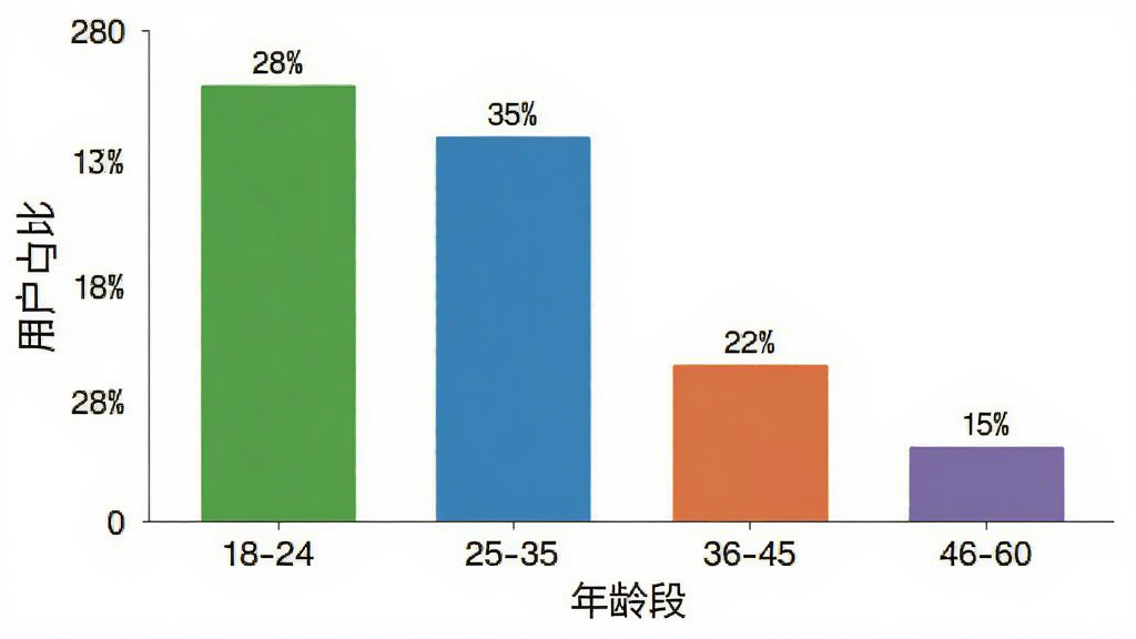 一张柱状图展示图,横轴是年龄段,纵轴是用户占比,数据显示18-24岁占比28%,25-35岁占比35%,36-45岁占比22%,46-60岁占比15%,图表配色清晰,风格简洁,画质干净,无多余元素