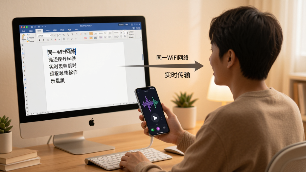 语音远程输入软件操作示意图,画面展示一个人坐在书桌前对着手机说话,手机屏幕上显示声波动画,旁边的电脑屏幕上文字正在自动输入到Word文档中,画面中有箭头标注“同一WiFi网络”和“实时传输”,整体风格写实但简洁,色调温暖,画质清晰,无多余元素