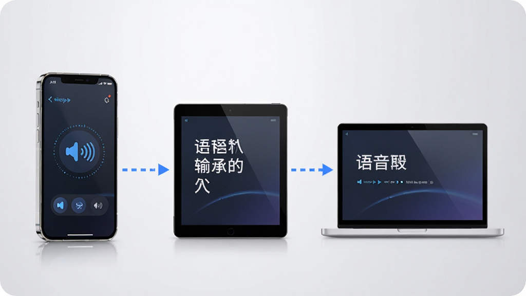 语音远程输入软件功能展示图,画面左侧是一部手机正在接收语音指令,右侧是一台平板电脑和一台笔记本电脑同时显示接收到的文字内容,设备之间用虚线箭头表示数据传输方向,整体布局清晰对称,风格科技感十足但不过度炫酷,细节圆润,画质干净,背景为浅灰色渐变,无多余元素