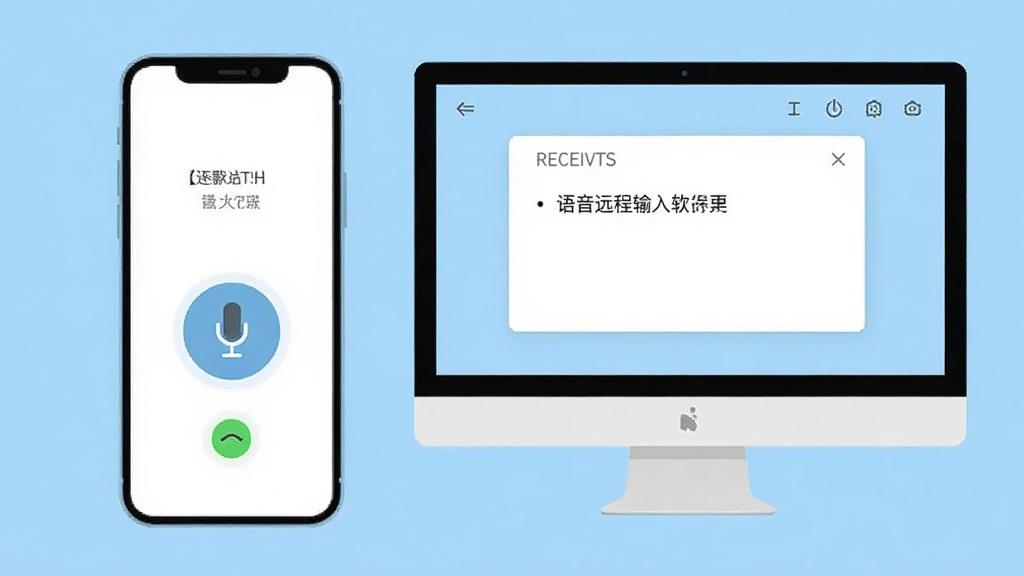 语音远程输入软件界面截图风格图,画面展示手机端和电脑端的简洁界面,手机端显示一个大的麦克风按钮和连接状态指示灯,电脑端显示一个极简的文字接收窗口,界面以白色和浅蓝色为主色调,布局清爽,文字标签清晰可见,风格现代扁平化,画质干净无多余元素