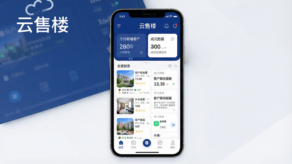 һ��չʾ������¥����������ȫò������ͼ���������ֻ���Ļ��ʾ����¥APP�����棬����Ϊ����չʾ���������ͻ��ͳɽ����ݿ�Ƭ���м��Ƿ�Դ�б��Ϳͻ���������ģ�飬�ײ�Ϊ����̨���������Ű��������򣬷���ִ������ƽ����ϸ���Ͻ�����ɫ�������Ͱ�ɫΪ����ͼ��Բ���࣬���ʸ���ɾ��޶���Ԫ��