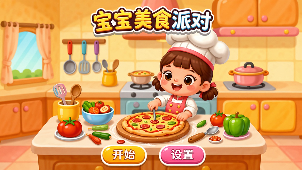 ������ʳ�ɶ�Ӧ��������չʾ�����������ǿ�ͨ���ĳ���������һλ���ų�ʦ����СŮ������������������Χ�ڷ���ɫ�����޵�ʳ�ĺͳ��ߣ����涥����ʾ������ʳ�ɶԵĿ�ͨLogo���ײ��п�ʼ��Ϸ�����ð�ť���������������ã�����Բ��ɰ��Ŀ�ͨ���磬ɫ���ԳȻƷۺ�Ϊ��������ɾ����࣬���廭�ʣ��ʺ϶�ͯ�ۿ�
