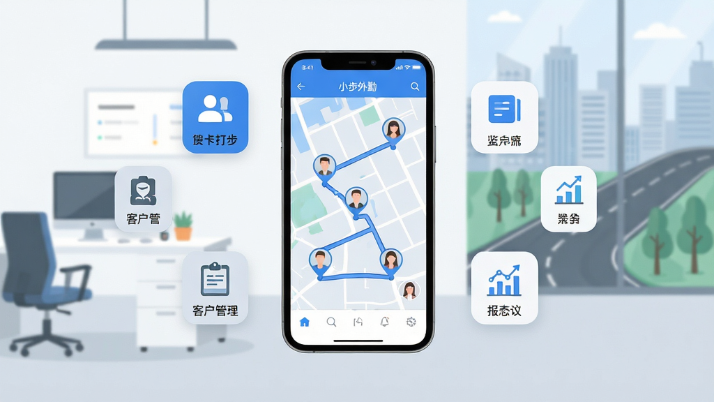 小步外勤软件主界面全貌展示,画面中央是一部智能手机,屏幕显示蓝白色调的地图轨迹和员工头像标记,周围环绕着打卡、客户管理、报表统计等悬浮图标,背景是简洁的办公场景和城市道路,整体风格现代扁平,文字标签清晰,画质干净无多余元素