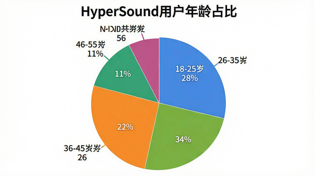 һ��չʾHyperSound�û�����ֲ��ı�״ͼ��ͼ������Ϊ��HyperSound�û�����ռ�ȡ�����ͼ��Ϊ����������ֱ��ע18-25��ռ28%��26-35��ռ34%��36-45��ռ22%��46-55��ռ11%��56������ռ5%�������Ǽ��İ�ɫ��ͼ����ɫ�����������������޶���Ԫ��