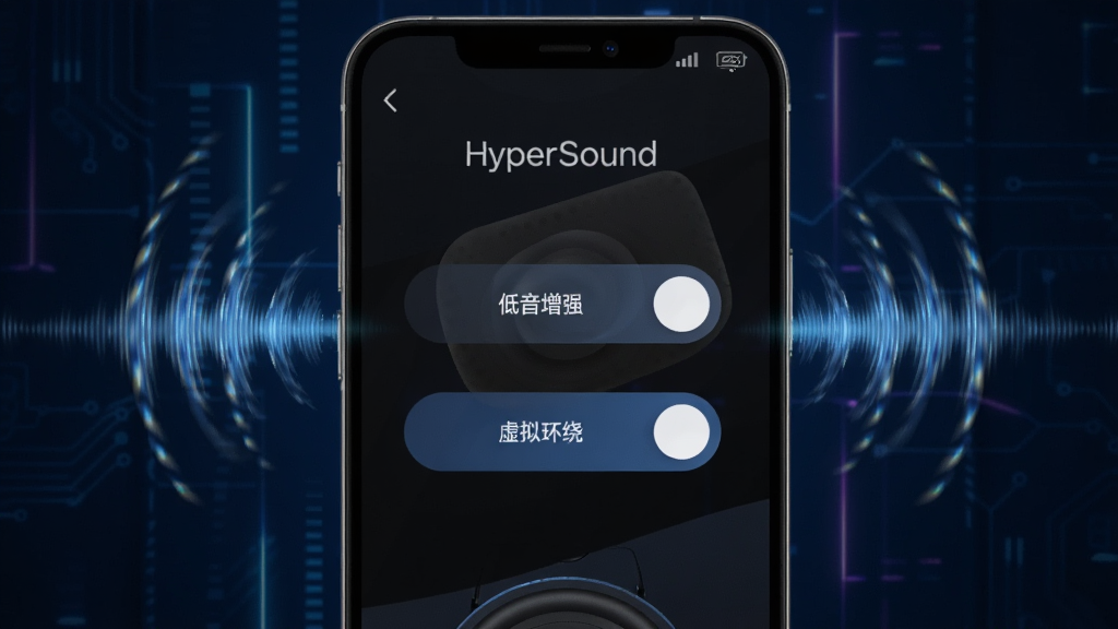 һ��չʾHyperSound������ǿ�����⻷�ƹ��ܵ�ͼƬ���������ֻ���Ļ��ʾHyperSound���棬�����С�������ǿ���͡����⻷�ơ��������ذ�ť����ť�Ա��ж�̬��������ɢͼ�Σ�����������ɫ�Ƽ��з�񣬻����������޶���Ԫ��