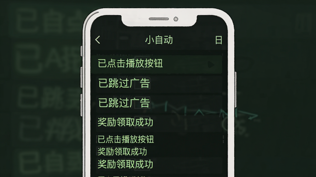 一张手机屏幕的示意图,画面中“小自动”APP的日志界面清晰可见,上面滚动显示着“已点击播放按钮”“已跳过广告”“奖励领取成功”等文字条目,背景为深色模式,文字为浅绿色,风格类似终端命令行,排版整齐,画质干净,无多余元素