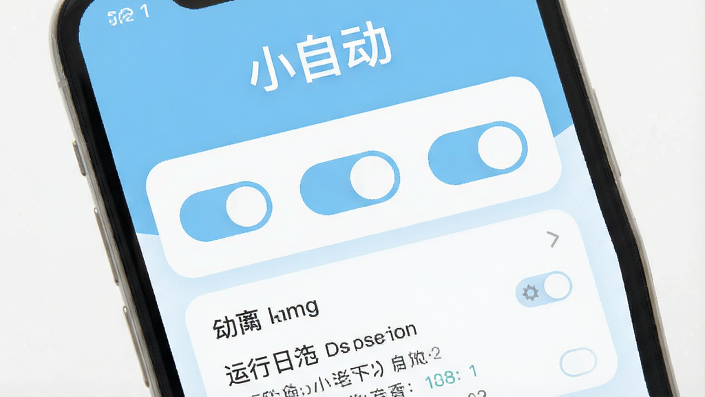 一张手机屏幕的正面特写,画面中央是“小自动”APP的主界面,界面设计简洁,以浅蓝和白色为主色调,顶部显示“小自动”三个字,中间是几个功能开关按钮,底部是运行日志区域,风格现代扁平,细节圆润,画质干净无多余元素