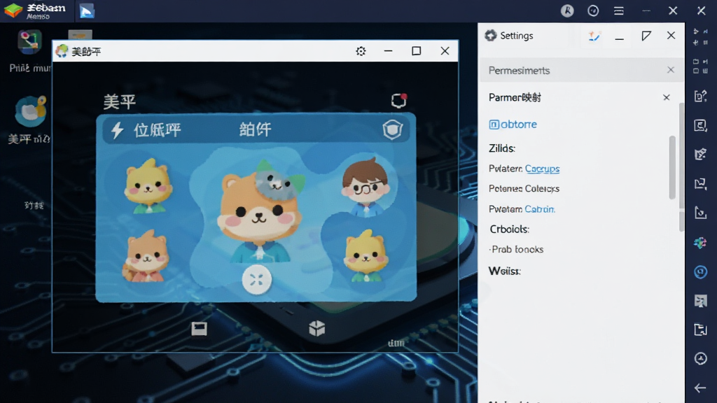 一张展示美伴在安卓模拟器上运行的电脑屏幕截图,画面中模拟器窗口显示美伴主界面,旁边有设置面板展示权限映射选项,桌面背景是简约的科技风格壁纸,布局清晰,画质干净,无多余元素