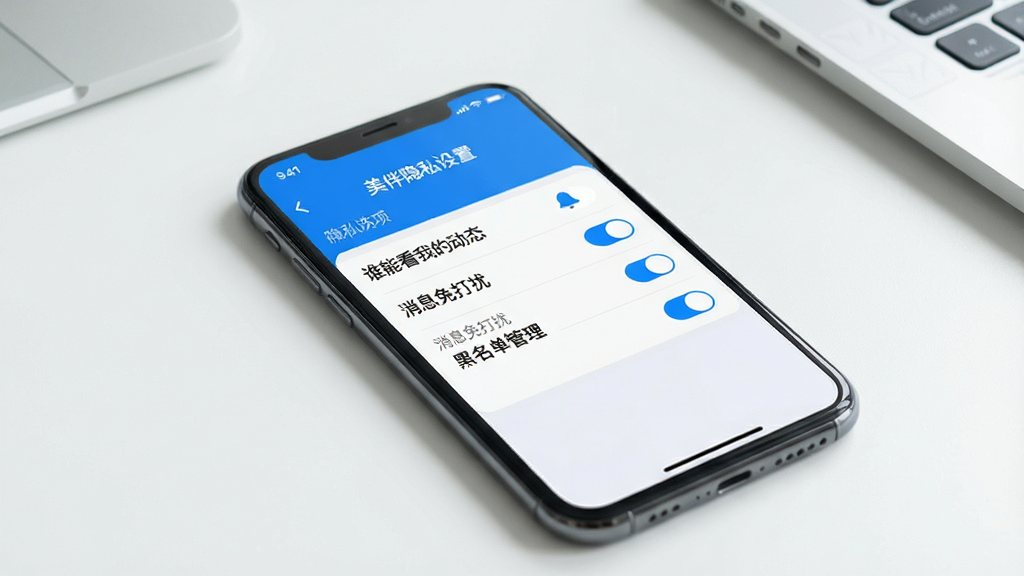 一张展示美伴隐私设置界面的手机样机图,画面中手机屏幕显示隐私选项列表,包括“谁能看我的动态”“消息免打扰”“黑名单管理”等开关按钮,界面风格简洁,配色以蓝白为主,背景是干净的桌面,画质清晰,无多余元素