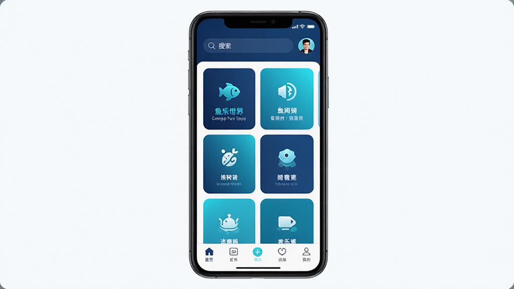 一张展示鱼乐世界软件核心界面的图片,画面中央是手机屏幕,屏幕内显示鱼乐世界的首页布局,顶部有搜索栏和用户头像,中间是功能卡片网格排列,底部有导航栏,整体色调以深蓝和青色为主,风格现代简洁,细节清晰,画质干净,无多余元素