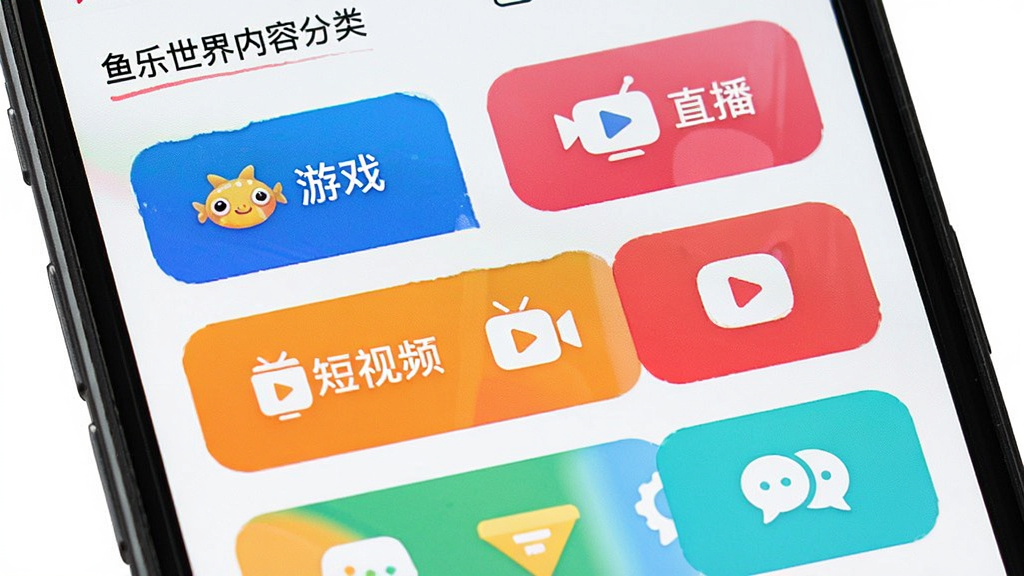 一张展示鱼乐世界内容分类页面的图片,画面中手机屏幕上显示多个彩色分类标签,如游戏、直播、短视频、社区等,每个标签配有小图标,背景干净,布局整齐,风格活泼明快,画质清晰,无多余元素