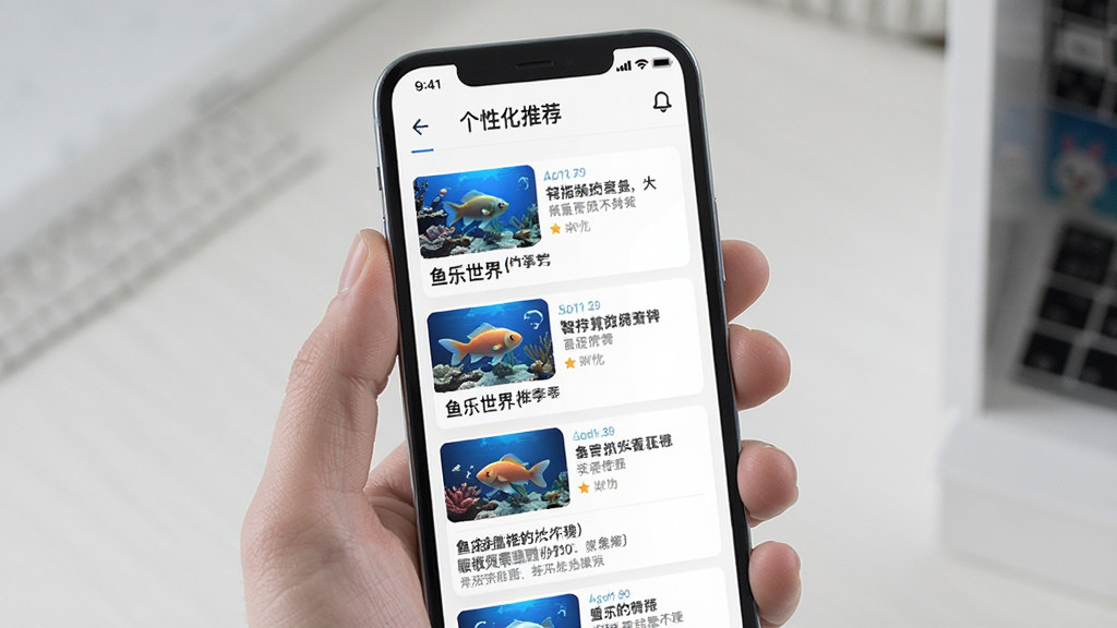 一张展示鱼乐世界智能推荐功能的图片,画面中手机屏幕显示个性化推荐列表,每个推荐项配有缩略图和简短描述,界面布局清晰,风格简洁现代,画质干净,无多余元素