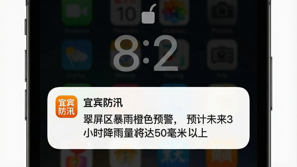 宜宾防汛预警推送界面,手机锁屏状态弹出暴雨橙色预警通知,通知卡片上显示“宜宾防汛”应用图标和“翠屏区暴雨橙色预警,预计未来3小时降雨量将达50毫米以上”的文字,背景为深色锁屏壁纸,通知卡片采用白色圆角设计,风格清晰醒目,画质干净无多余元素