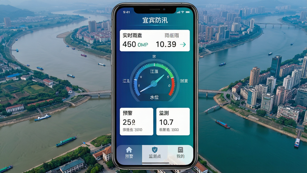 宜宾防汛App主界面展示,手机屏幕中央显示三江交汇处的水位监测仪表盘,顶部有“宜宾防汛”应用名称和实时雨量数据,背景为长江与岷江交汇的宜宾城区航拍图,界面采用深蓝与青绿渐变配色,数据卡片清晰排列,底部有预警、监测点、我的三个导航按钮,风格现代扁平,画质干净无多余元素
