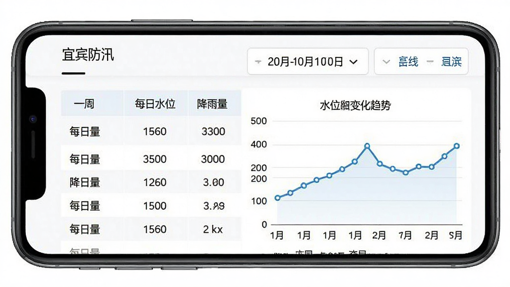宜宾防汛历史数据查询界面,手机屏幕显示表格与折线图混合视图,表格列出过去一周每日水位和降雨量数值,折线图展示水位变化趋势,顶部有日期筛选器,界面标注“宜宾防汛”应用名称,背景为白色数据面板,风格简洁专业,画质干净无多余元素
