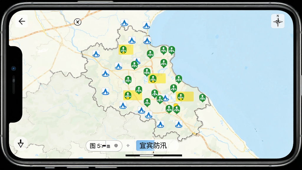宜宾防汛监测点地图界面,手机屏幕显示宜宾市行政区划地图,上面分布着蓝色水位监测点图标和绿色雨量站图标,其中几个点位标注为黄色预警状态,地图下方有图层切换按钮和“宜宾防汛”文字标识,背景为浅色地图底图,风格清晰易读,画质干净无多余元素
