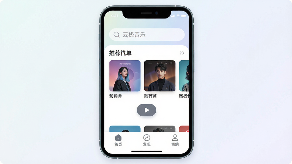 һ���ֻ���Ļ��д�����������ǡ��Ƽ����֡�App�������棬�������������м����Ƽ��赥����Ͳ��Ű�ť���ײ�����������ҳ�����֡��ҵ�����ͼ�ꡣ������ǳɫ���䣬�����ˬ�ִ���ƽ����ϸ��Բ�󣬻��ʸɾ��޶���Ԫ�ء�