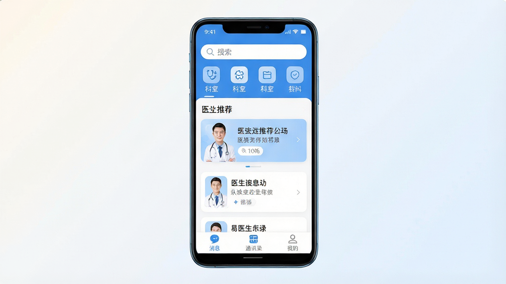 һ��չʾ��ҽ��App���Ľ�����ֻ�����ͼ������Ϊһ��������׿�ֻ�����Ļ����ʾ��ҽ��Ӧ����ҳ�棬���ֶ������������Ϳ��ҷ���ͼ�꣬�в���ҽ���Ƽ���Ƭ�б����ײ�Ϊ��Ϣ��ͨѶ¼���ҵ�����������ǩ���Ű�������������ִ�ҽ��������ɫ��ϸ��Բ�󣬻��ʸɾ��޶���Ԫ�أ�����Ϊǳɫ����