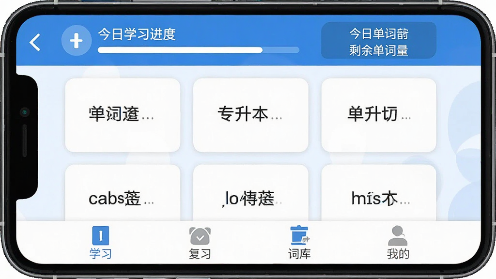 专升本单词通 手机应用主界面 简洁蓝白配色 顶部显示今日学习进度和剩余单词量 中间是单词卡片展示区 底部为学习、复习、词库、我的四个标签栏 扁平化设计 画质清晰 干净无多余元素