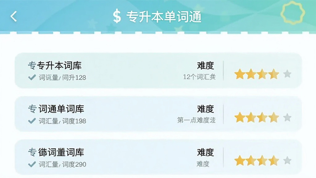 专升本单词通 词库选择界面 展示不同省份专升本词库列表 每个词库标注词汇量和难度星级 界面风格清新 文字清晰 干净无多余元素