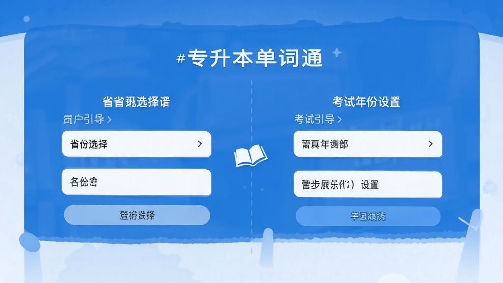 专升本单词通 新用户引导界面 展示省份选择和考试年份设置 界面简洁 步骤清晰 蓝白配色 干净无多余元素