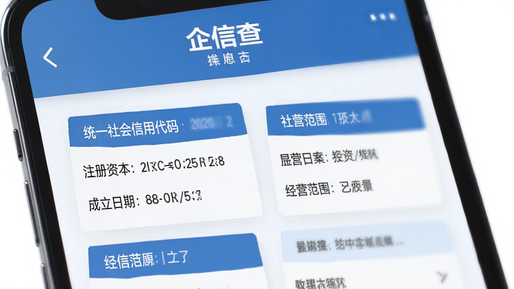 ���Ų� ������Ϣ��ѯ���ҳ�棬�ֻ���Ļ��ʾĳ��˾��ϸ����������ͳһ������ô��롢ע���ʱ����������ڡ���Ӫ��Χ���ֶΣ���������ɫΪ��ɫ������Ϣ��Ƭʽ���У���������񣬻��ʸɾ��޶���Ԫ��