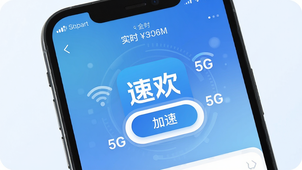一张展示手机屏幕的图片,屏幕中央是速欢APP的图标和主界面,界面设计简洁,以蓝色和白色为主色调,顶部显示网络连接状态和实时速度,中间是一个醒目的加速按钮,周围环绕着WiFi信号和5G网络符号,背景是柔和的科技感渐变,风格现代扁平,细节清晰,画质干净无多余元素