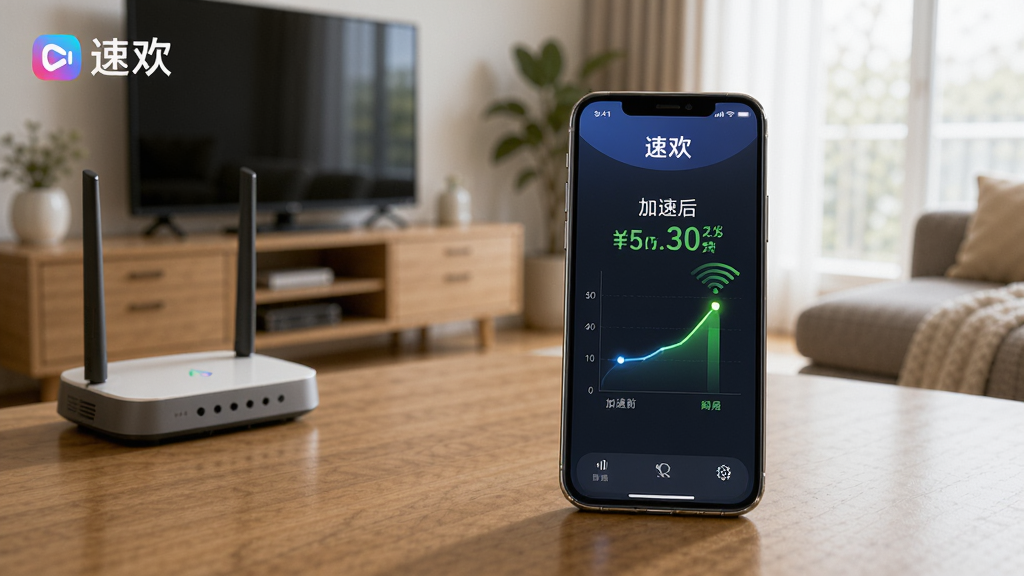 一张展示速欢APP智能网络加速功能的图片,画面中一部手机放置在桌面上,屏幕显示加速前后的网速对比图表,加速后网速明显提升,背景是家庭客厅环境,有WiFi路由器和电视,风格写实,细节丰富,画质清晰,图片中带有文字“速欢”