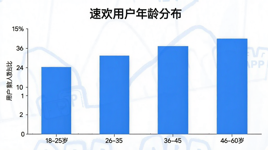 一张展示不同年龄段用户使用速欢APP的柱状图,横轴为年龄段18-25岁、26-35岁、36-45岁、46-60岁,纵轴为用户人数占比,柱子颜色为蓝色,图表背景为白色,风格简洁现代,数据清晰,图片中带有文字“速欢用户年龄分布”