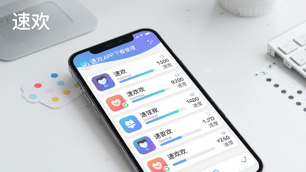 一张展示速欢APP下载管理界面的图片,手机屏幕显示正在下载的文件列表,每个文件都有清晰的图标、名称、进度条和速度显示,界面整洁无广告,背景是简约的桌面,风格现代扁平,细节圆润,画质干净无多余元素,图片中带有文字“速欢”