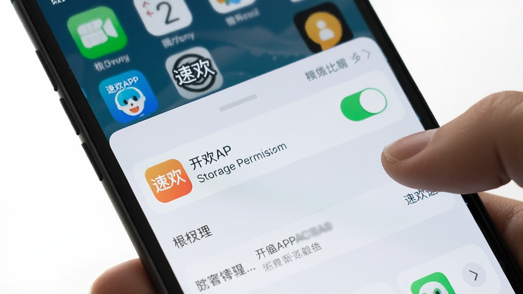 一张展示手机设置界面的图片,画面中用户正在为速欢APP开启存储权限,界面显示权限管理列表,速欢的图标旁边有开关按钮,背景是手机桌面,风格写实,细节清晰,画质干净,图片中带有文字“速欢”
