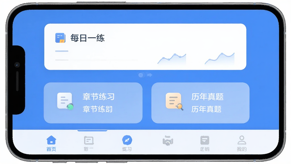 手机屏幕中显示一级建造师备考软件界面,主体为一款蓝色调的学习类APP,布局上部是每日一练卡片,中间是章节练习和历年真题入口,下部是底部导航栏,排版清晰整齐,风格现代扁平化,细节圆润,画质干净无多余元素