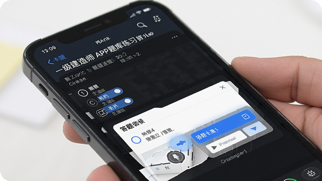 一级建造师APP题库练习界面截图,主体是手机屏幕显示选择题和答题卡,布局为上方题目下方选项,排版左对齐,风格简洁商务,细节有蓝色选中状态,画质干净无多余元素