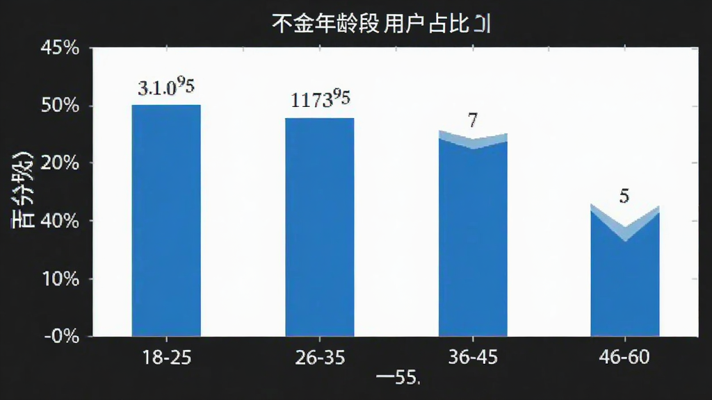 不同年龄段用户占比柱状图,主体为柱状图图表,布局横轴为年龄段18-25、26-35、36-45、46-60纵轴为百分比,排版清晰,风格数据可视化,细节有蓝色柱子标注数值,画质干净无多余元素