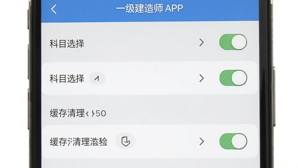 一级建造师APP设置界面截图,主体为手机屏幕显示科目选择和缓存清理选项,布局为列表式排列,排版规整,风格简洁工具类,细节有开关按钮和箭头图标,画质干净无多余元素