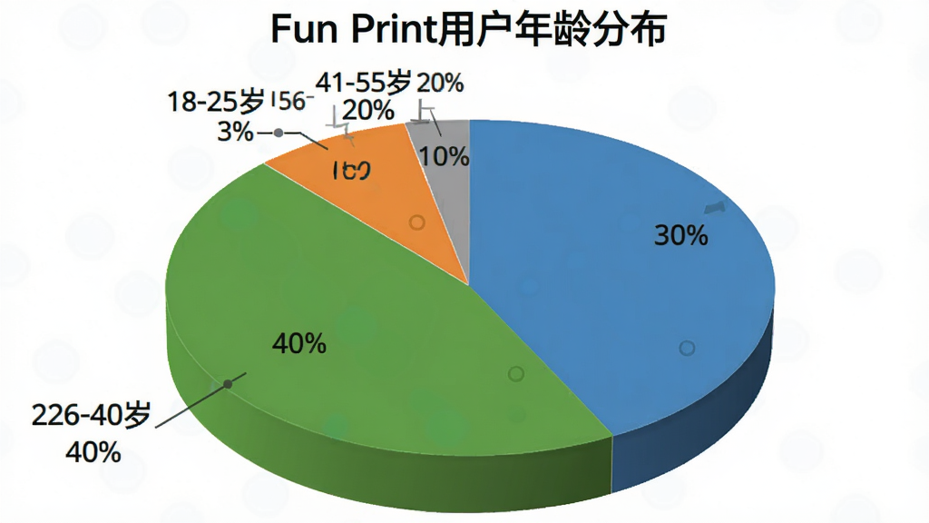 һ�ű�״ͼ������Ϊ��Fun Print�û�����ֲ�����ͼ����Ϊ�ĸ����֣��ֱ��ע��18-25�� 30%������26-40�� 40%������41-55�� 20%������56������ 10%������ɫΪ�����̡��ȡ��ң�����Ϊ��ɫ�����Ϊ���ݿ��ӻ�ͼ���������������޶���Ԫ��