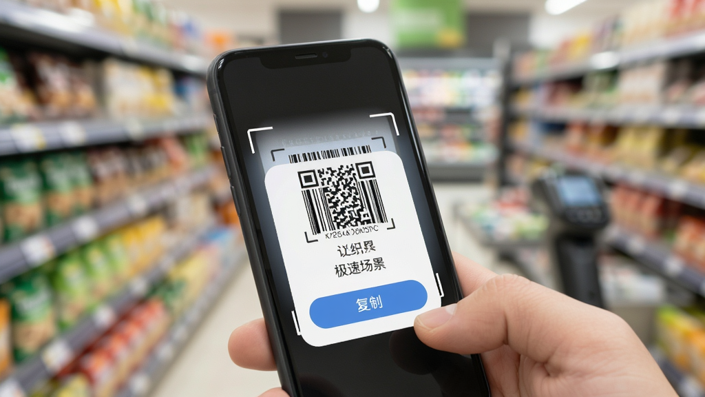 二维码条形码识别极速扫码场景,手机对着商品条形码,屏幕立刻弹出识别结果和复制按钮,界面简洁,背景是超市货架虚化,画质干净