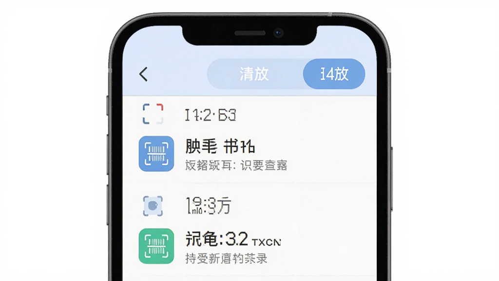 二维码条形码识别历史记录界面,手机屏幕显示按时间排列的扫码记录列表,每条记录有类型图标和内容摘要,顶部有清空按钮,布局清晰,风格扁平化,画质干净