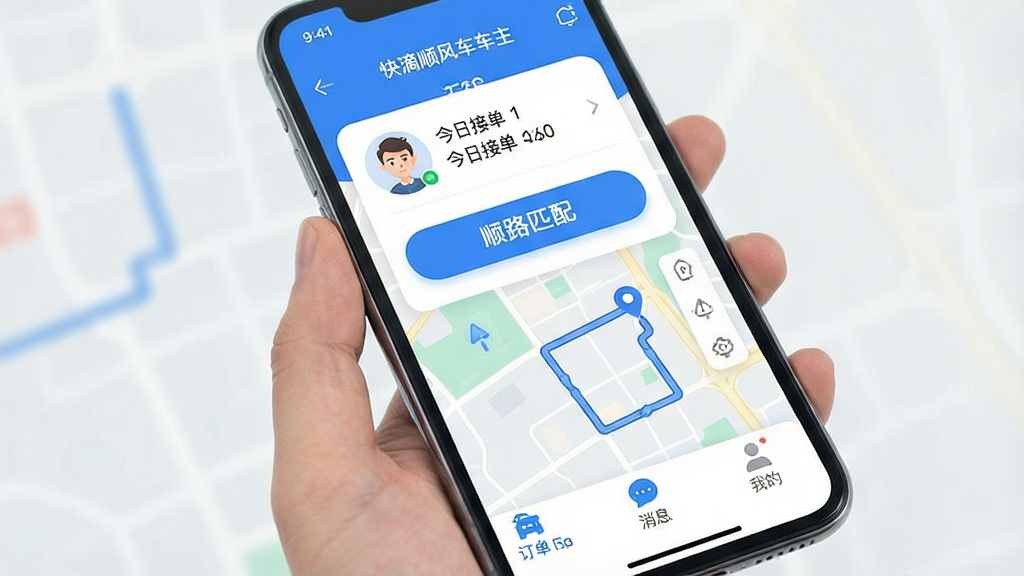 һ���ֻ�Ӧ�ý���չʾͼ�����������ǡ����˳�糵������APP�������棬������������ɫΪ����������ʾ����ͷ��ͽ��սӵ����ݣ��м�����Ŀ��˳·ƥ�䰴ť�͵�ͼ·��ʾ��ͼ���ײ�Ϊ��������Ϣ���ҵ�����������ǩ�����������ִ���ͼ��Բ�����������ʸɾ��������޶���Ԫ��