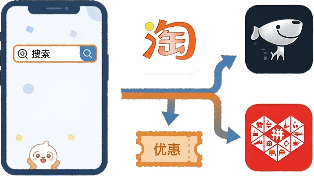 һ�ű�ƽ�����Ĳ廭�����������һ���ֻ���Ļ��ʾ��ç������App���������Ҳ�����������ƽ̨��ͼ�꣨�Ա���������ƴ��ࣩ���м��ü�ͷ���ӣ���ͷ�·���ʾһ���Ż�ȯͼ�꣬�����������죬ɫ���Գ�ɫ����ɫΪ�������������ɾ����޶���Ԫ��